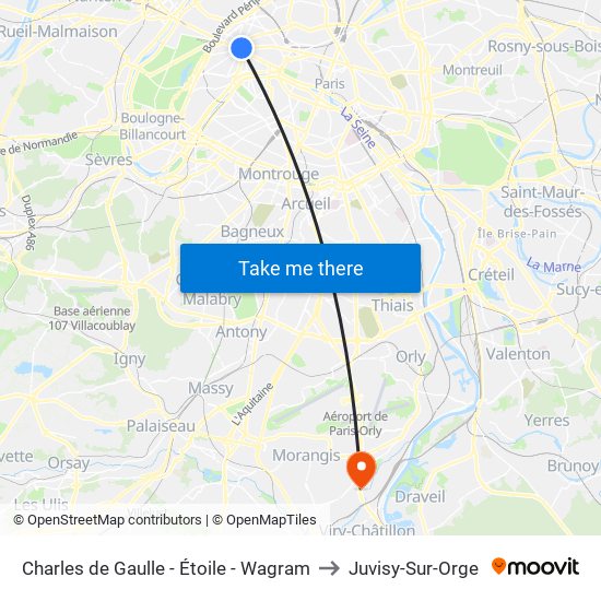 Charles de Gaulle - Étoile - Wagram to Juvisy-Sur-Orge map