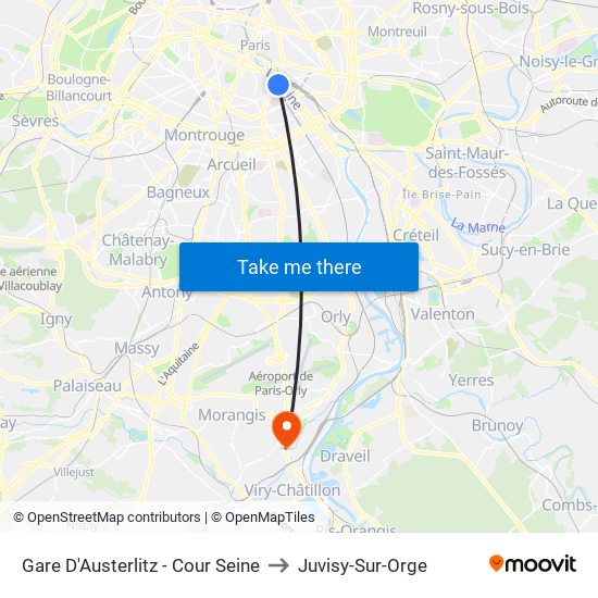 Gare D'Austerlitz - Cour Seine to Juvisy-Sur-Orge map