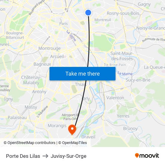 Porte Des Lilas to Juvisy-Sur-Orge map