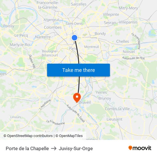 Porte de la Chapelle to Juvisy-Sur-Orge map