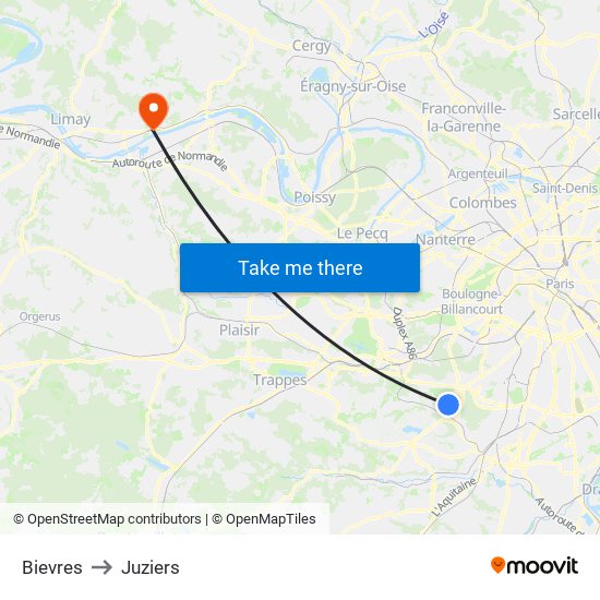 Bievres to Juziers map