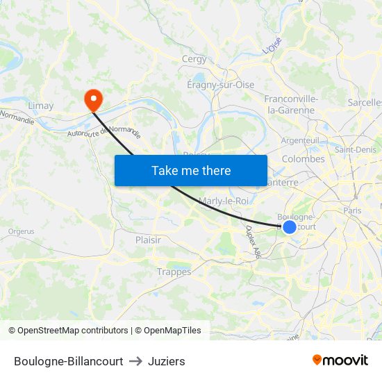 Boulogne-Billancourt to Juziers map