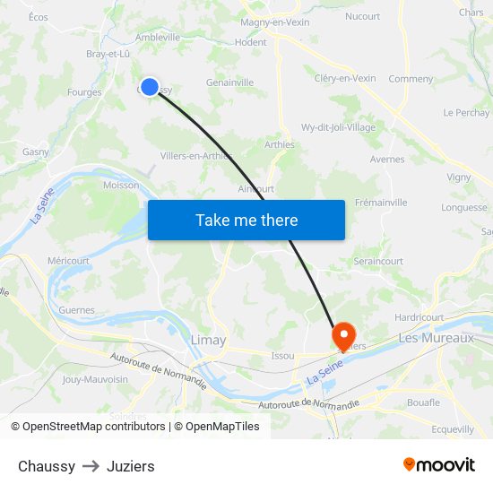 Chaussy to Juziers map