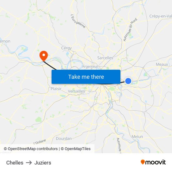 Chelles to Juziers map