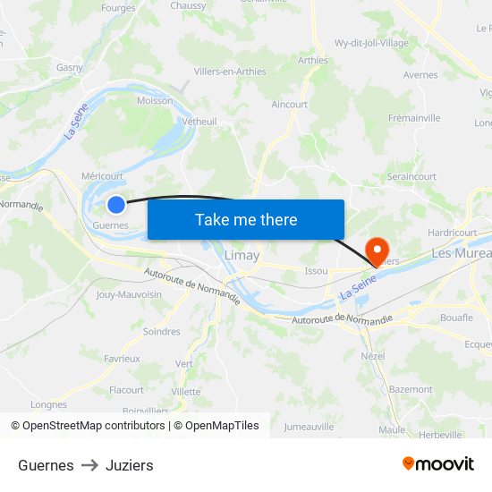 Guernes to Juziers map