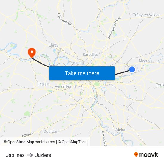 Jablines to Juziers map