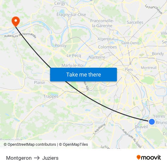 Montgeron to Juziers map