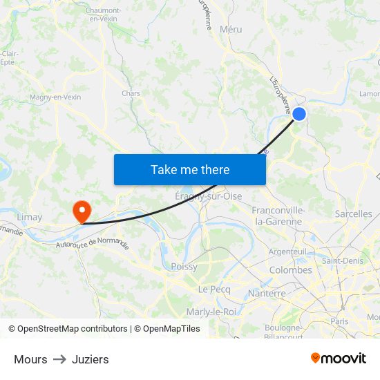 Mours to Juziers map