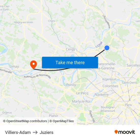 Villiers-Adam to Juziers map