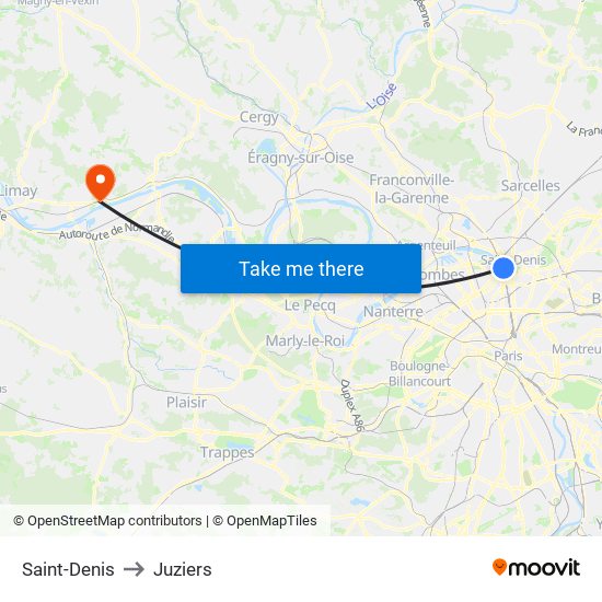 Saint-Denis to Juziers map