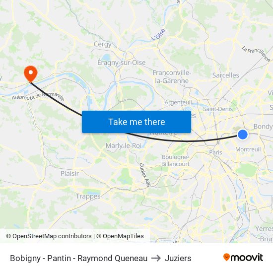 Bobigny - Pantin - Raymond Queneau to Juziers map
