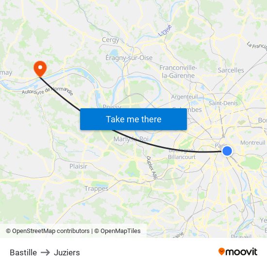 Bastille to Juziers map