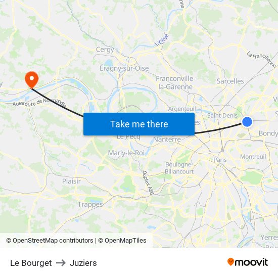 Le Bourget to Juziers map