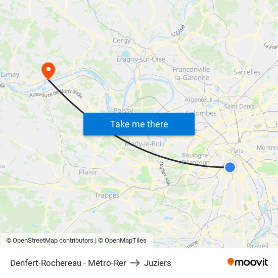 Denfert-Rochereau - Métro-Rer to Juziers map