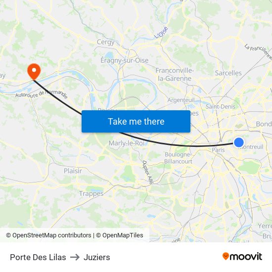 Porte Des Lilas to Juziers map