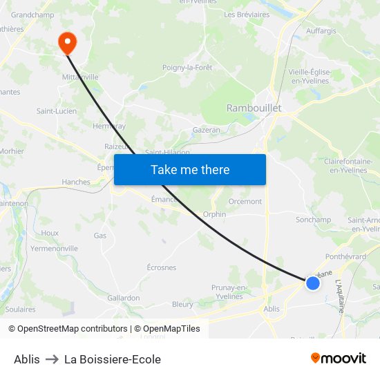 Ablis to La Boissiere-Ecole map