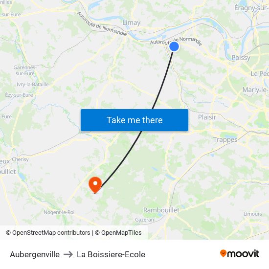 Aubergenville to La Boissiere-Ecole map