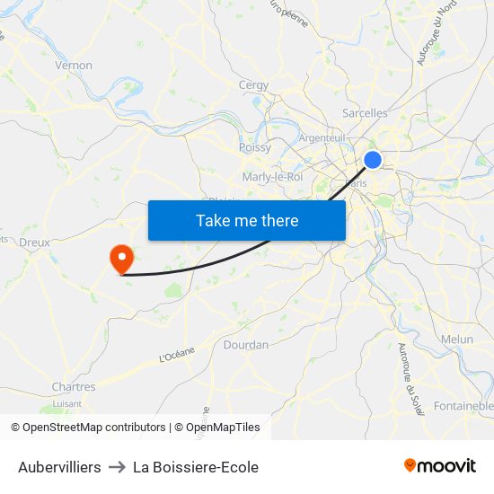 Aubervilliers to La Boissiere-Ecole map