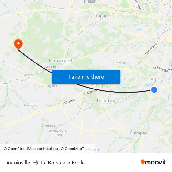 Avrainville to La Boissiere-Ecole map