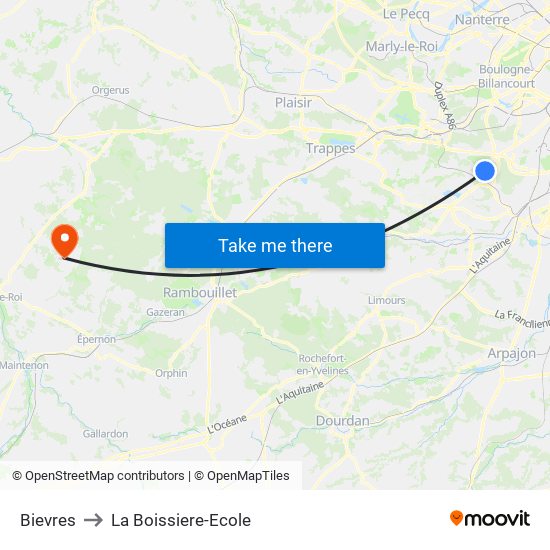 Bievres to La Boissiere-Ecole map