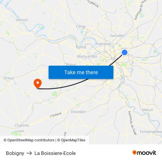 Bobigny to La Boissiere-Ecole map