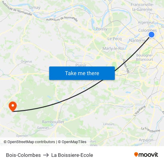 Bois-Colombes to La Boissiere-Ecole map