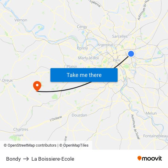 Bondy to La Boissiere-Ecole map