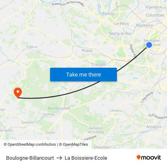 Boulogne-Billancourt to La Boissiere-Ecole map
