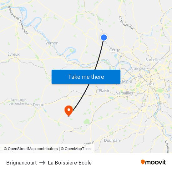 Brignancourt to La Boissiere-Ecole map