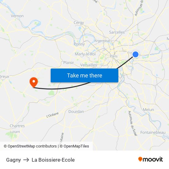 Gagny to La Boissiere-Ecole map