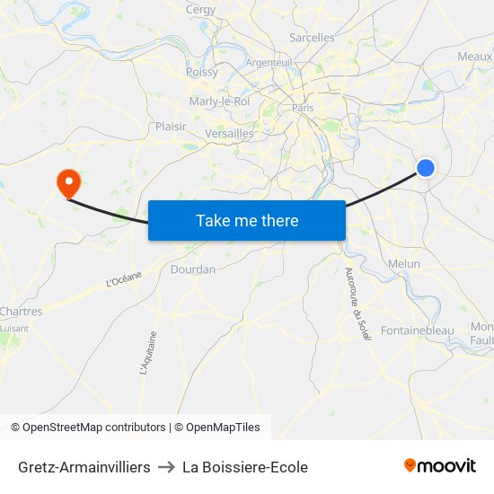 Gretz-Armainvilliers to La Boissiere-Ecole map