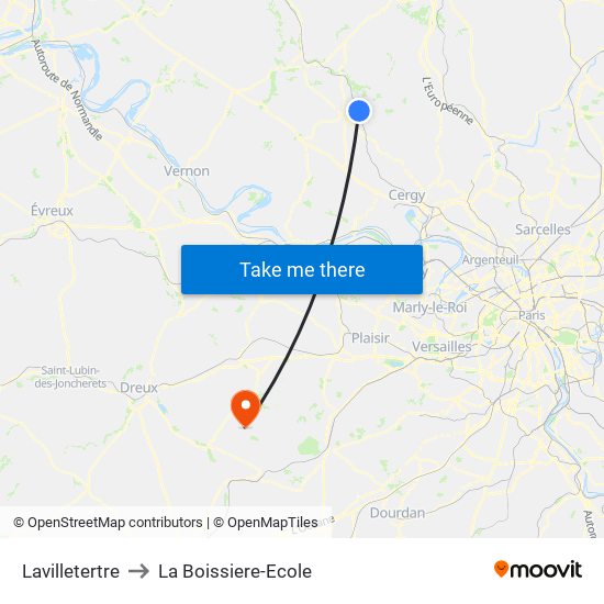 Lavilletertre to La Boissiere-Ecole map