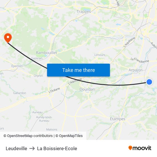 Leudeville to La Boissiere-Ecole map