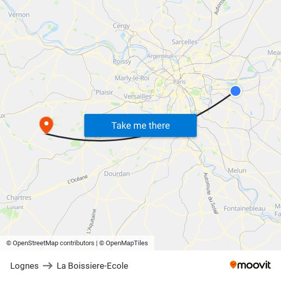 Lognes to La Boissiere-Ecole map