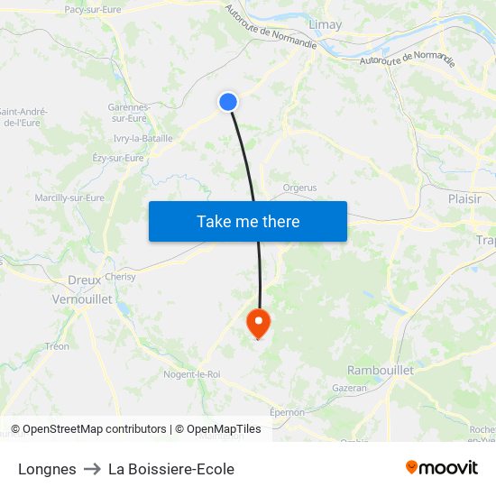 Longnes to La Boissiere-Ecole map