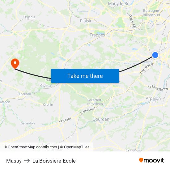 Massy to La Boissiere-Ecole map