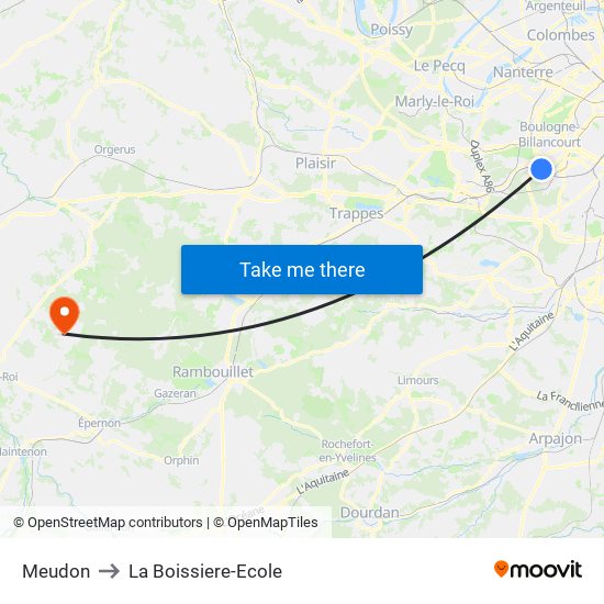 Meudon to La Boissiere-Ecole map