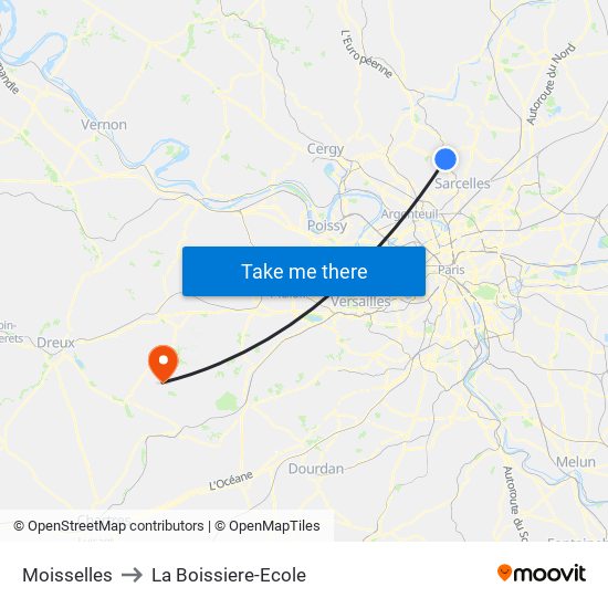 Moisselles to La Boissiere-Ecole map
