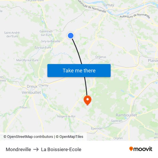 Mondreville to La Boissiere-Ecole map