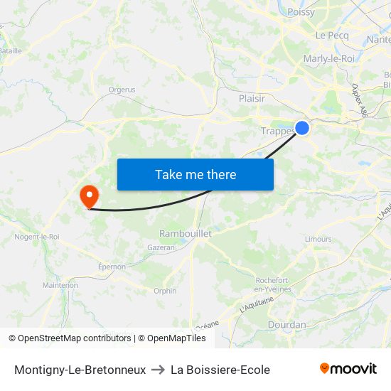 Montigny-Le-Bretonneux to La Boissiere-Ecole map