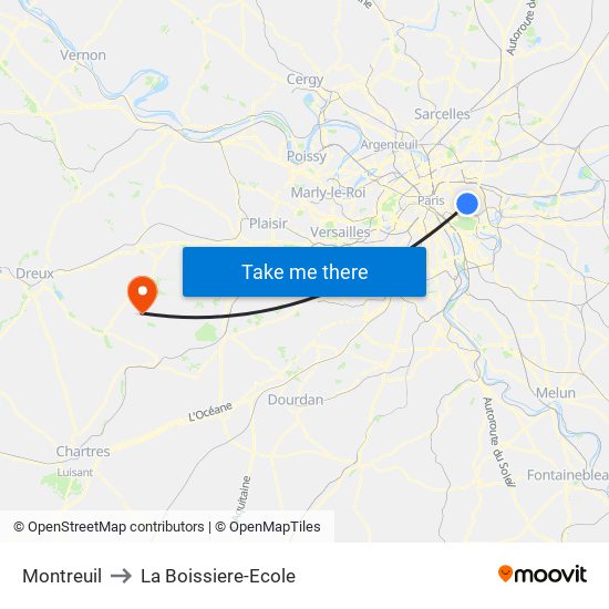 Montreuil to La Boissiere-Ecole map