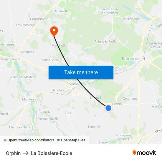 Orphin to La Boissiere-Ecole map