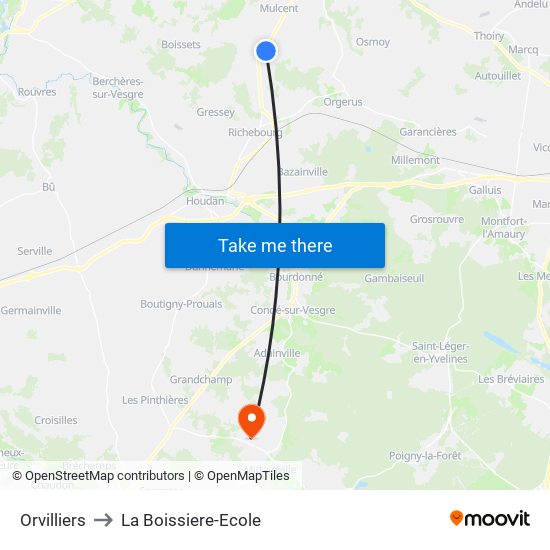 Orvilliers to La Boissiere-Ecole map