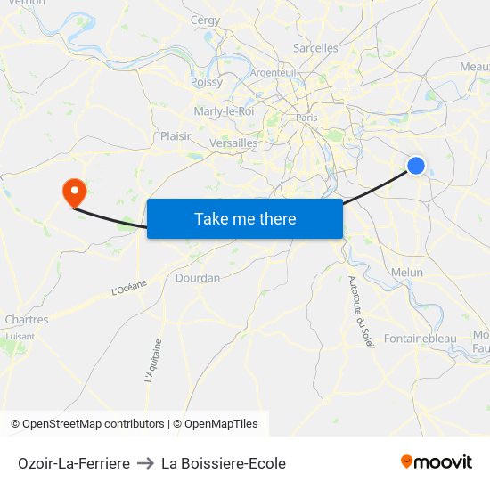 Ozoir-La-Ferriere to La Boissiere-Ecole map