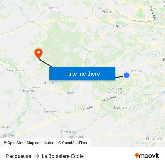 Pecqueuse to La Boissiere-Ecole map