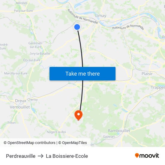 Perdreauville to La Boissiere-Ecole map