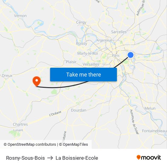 Rosny-Sous-Bois to La Boissiere-Ecole map