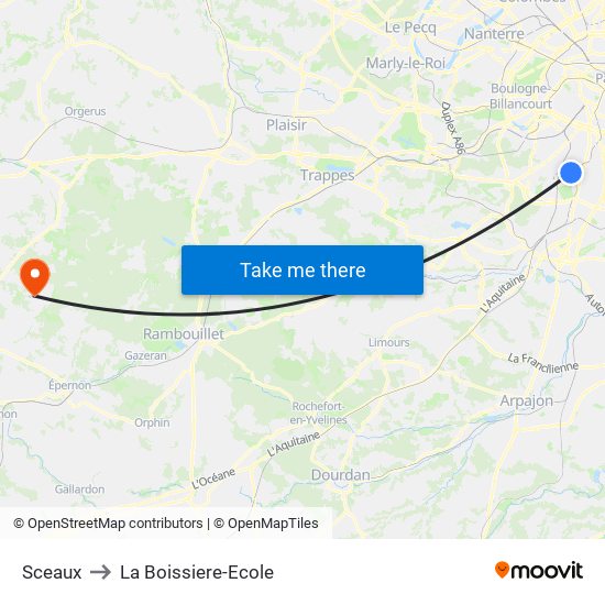 Sceaux to La Boissiere-Ecole map