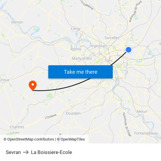 Sevran to La Boissiere-Ecole map