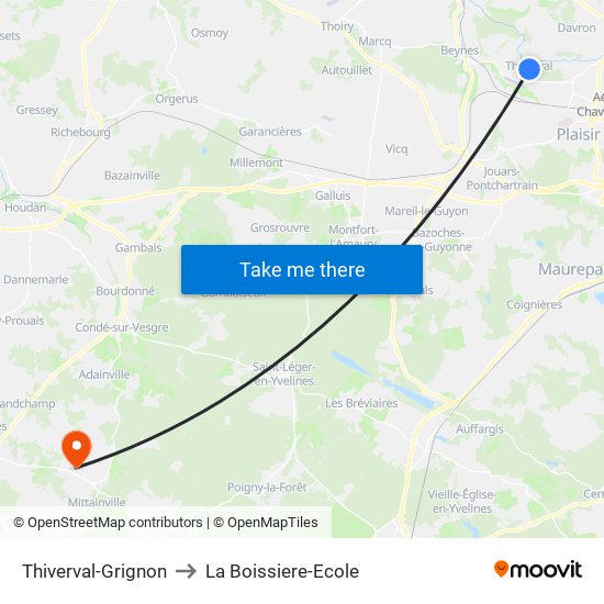 Thiverval-Grignon to La Boissiere-Ecole map